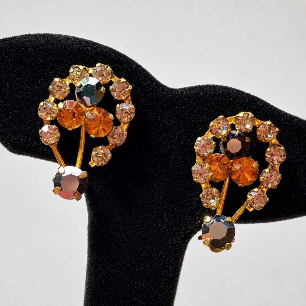 Austrian Crystal Earrings Rhinestone Orange‎ Black Clip On Gold-tone bc-19